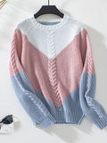 Color Block Round Neck Long Sleeve Sweater - Trendsi