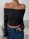 Lace Off-Shoulder Long Sleeve Top - Trendsi - Flyclothing LLC