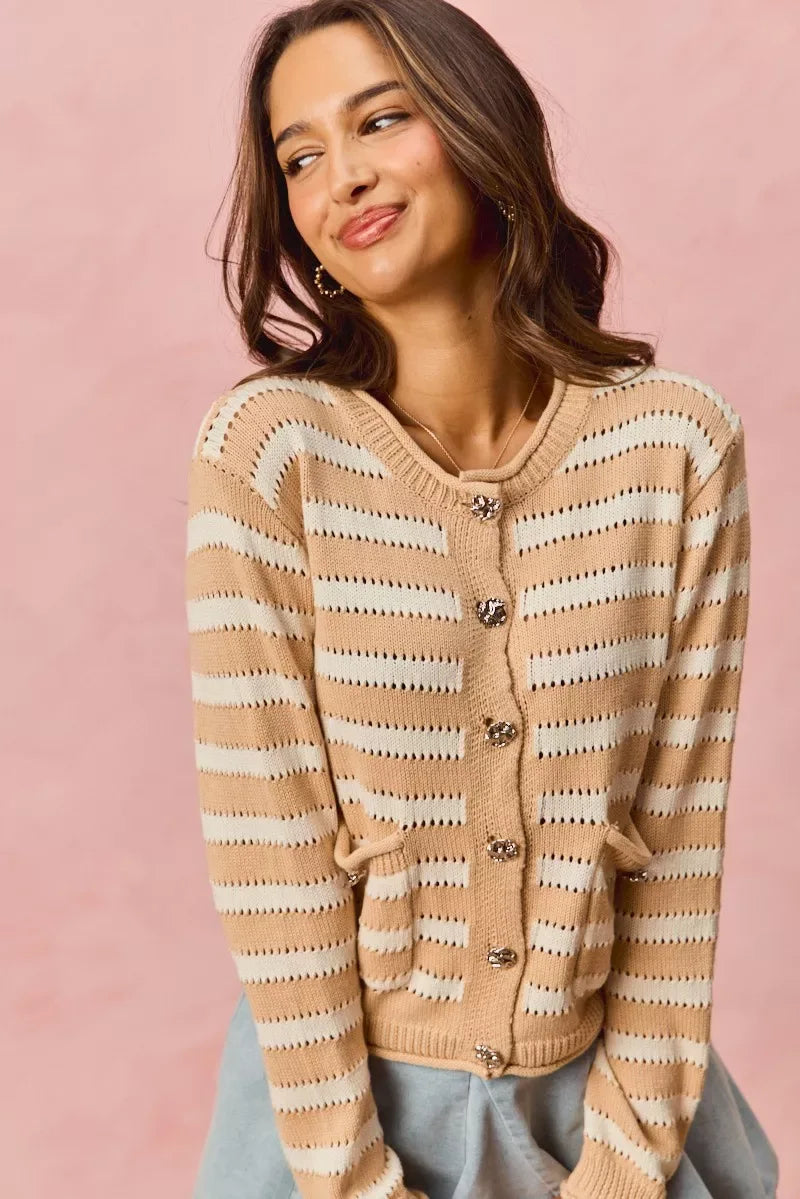 SO ME Stripe Long Sleeves Button Sweater Cardigan - Trendsi - Flyclothing LLC
