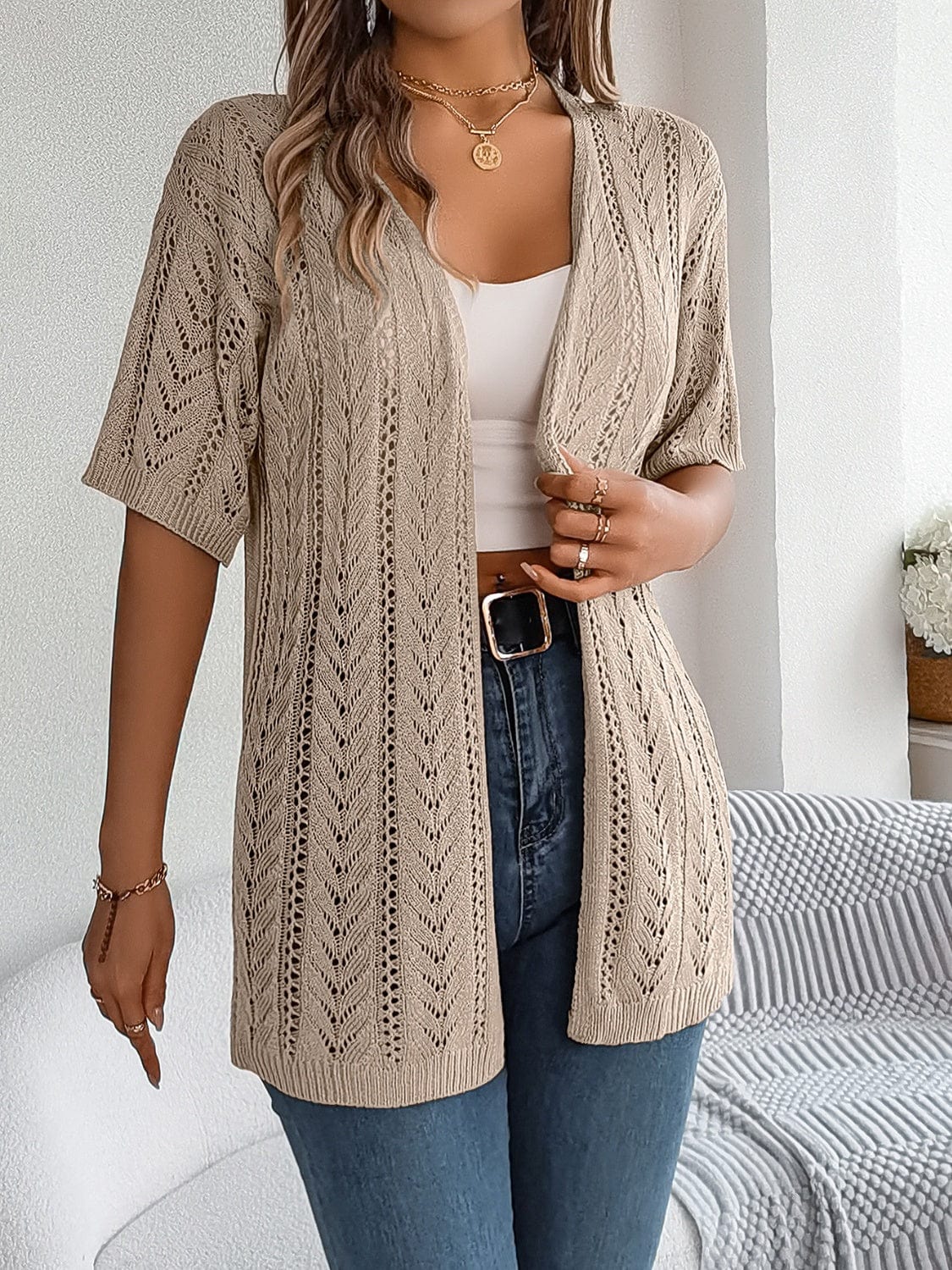 Openwork Open Front Half Sleeve Cardigan - Trendsi