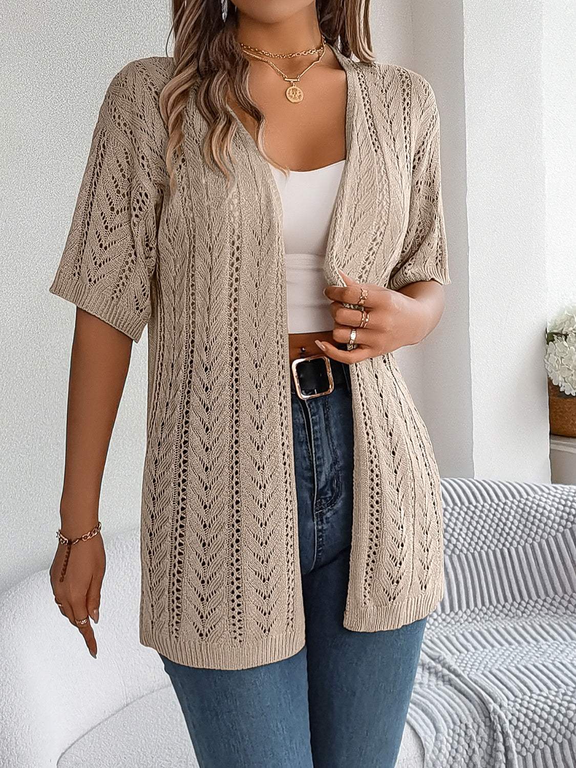 Openwork Open Front Half Sleeve Cardigan - Trendsi - Flyclothing LLC
