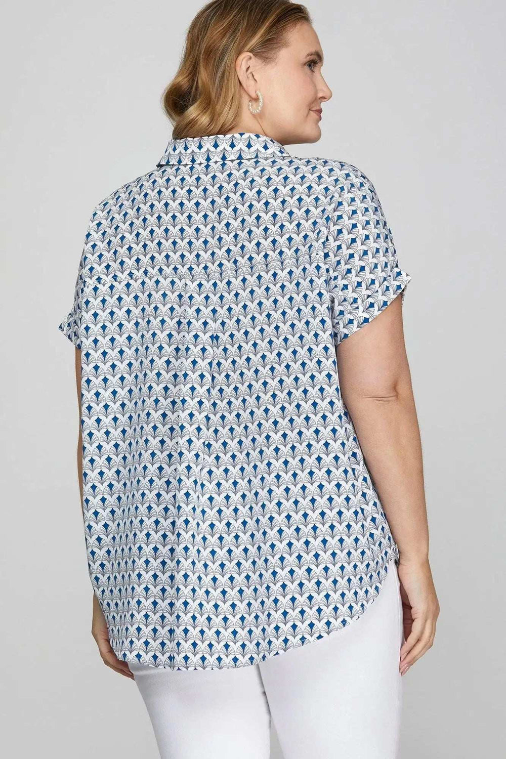 She + Sky Full Size Printed Johnny Collar Short Sleeve Blouse Plus Size - Trendsi - Flyclothing LLC