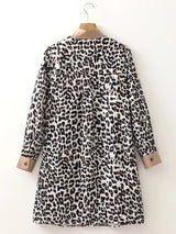 Striped Collar Leopard Print Long Sleeve Flared Dress - Trendsi - Flyclothing LLC
