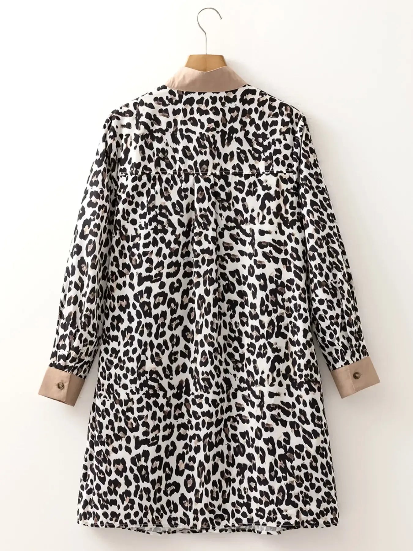 Striped Collar Leopard Print Long Sleeve Flared Dress - Trendsi - Flyclothing LLC