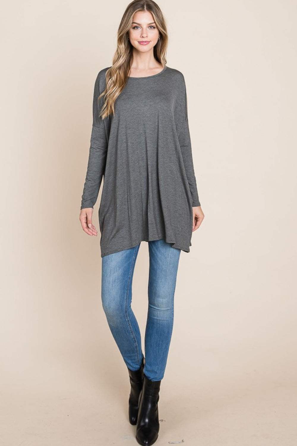 BOMBOM Round Neck Long Sleeve Oversized Top - Trendsi - Flyclothing LLC