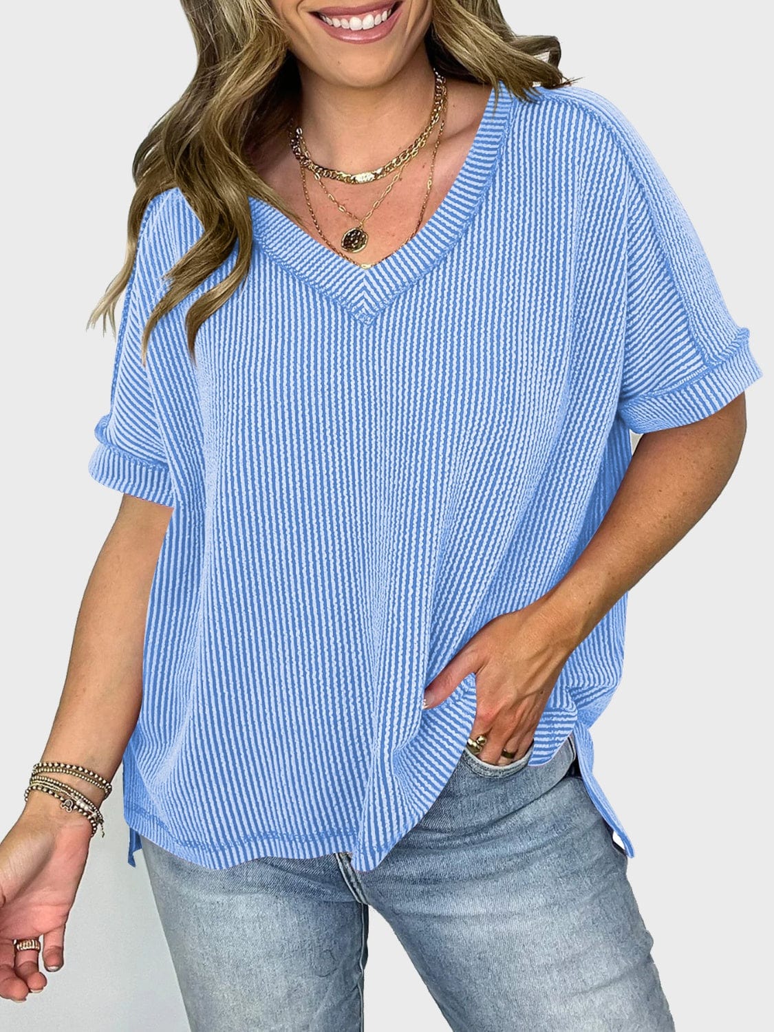 Lovelet Texture V-Neck Half Sleeve T-Shirt - Trendsi