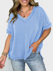 Lovelet Texture V-Neck Half Sleeve T-Shirt - Trendsi