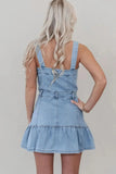 Ruffled Hem Button Front Square Neck Denim Dress - Trendsi