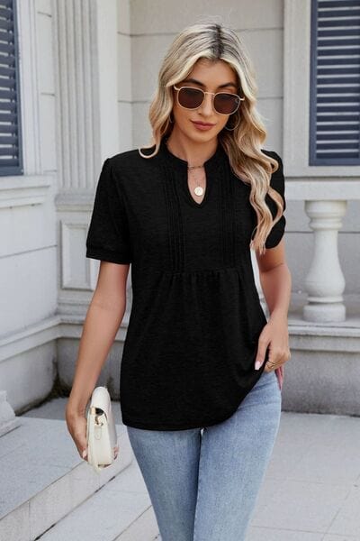 Notched Short Sleeve Top - Trendsi