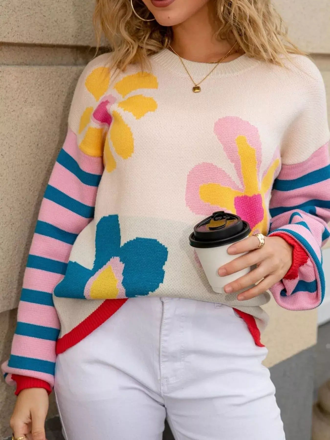 Floral Striped Crew Neck Sweater - Trendsi - Flyclothing LLC