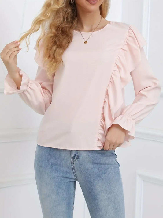 Ruffled Round Neck Long Sleeve Blouse - Trendsi - Flyclothing LLC