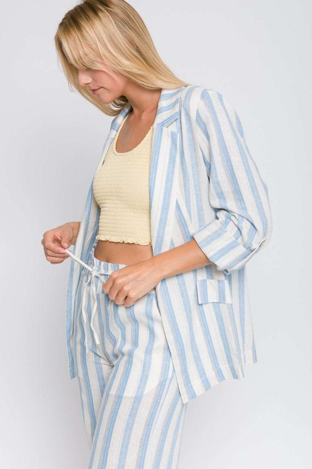 Love Tree Linen Woven Striped Blazer - Trendsi - Flyclothing LLC