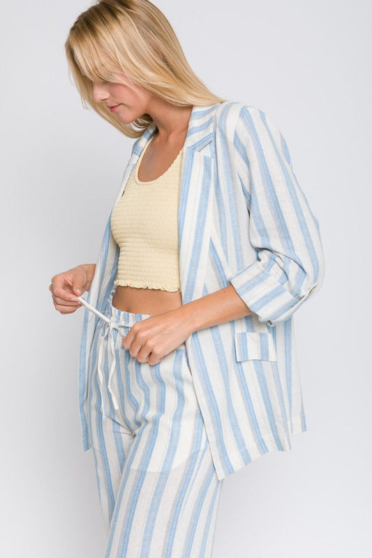 Love Tree Linen Woven Striped Blazer - Trendsi