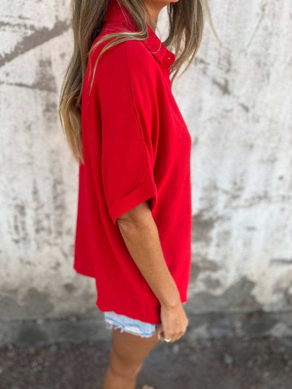 Full Size Collared Neck Half Sleeve Shirt Plus Size - Trendsi - Flyclothing LLC