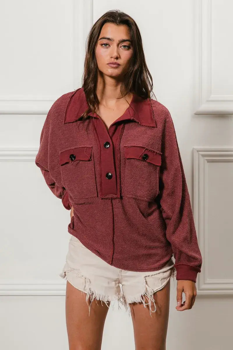 BiBi Cp French Terry Cut Edge Detail Collared Top - Trendsi - Flyclothing LLC