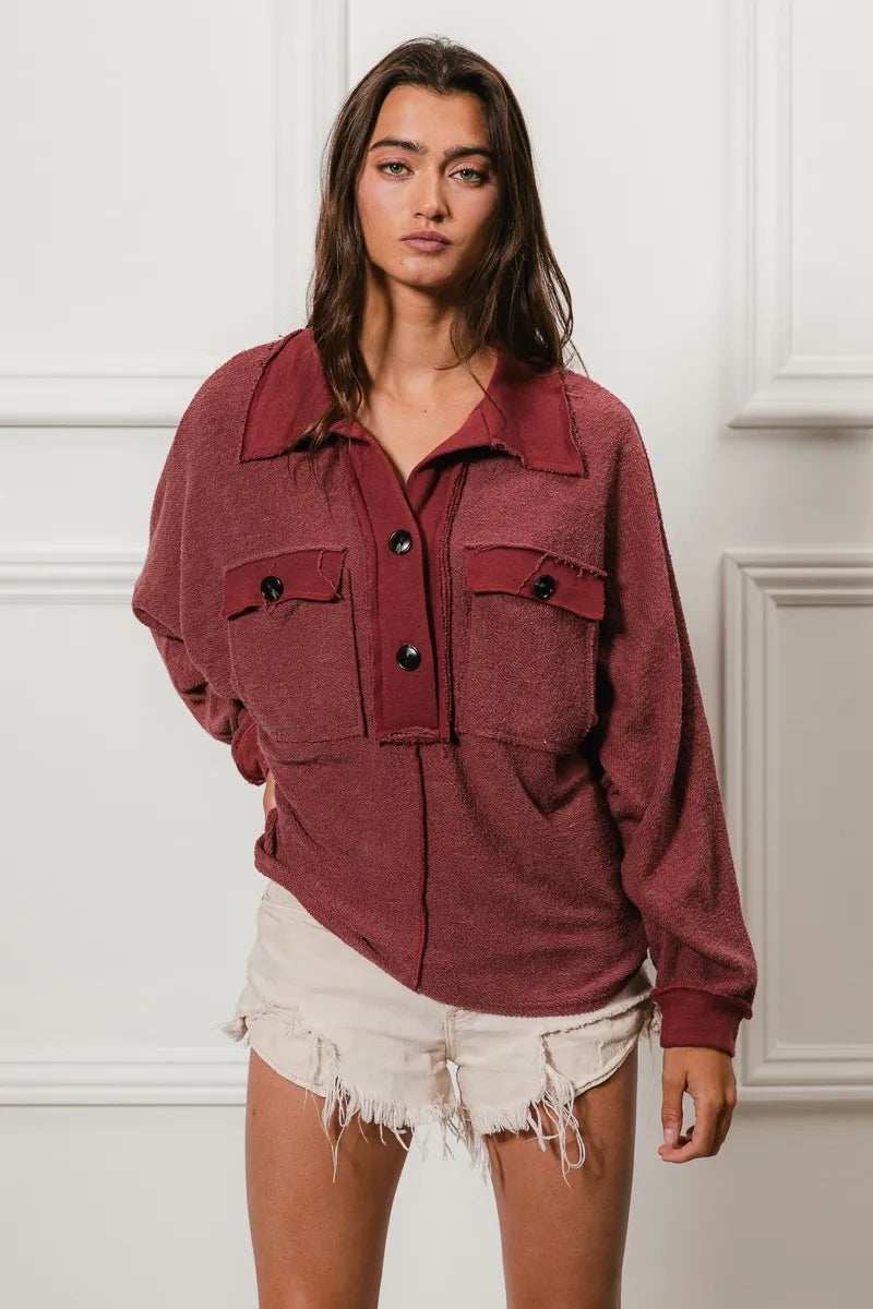 BiBi Cp French Terry Cut Edge Detail Collared Top - Trendsi - Flyclothing LLC