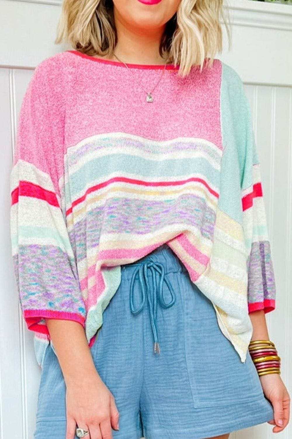 Contrast Round Neck Three-Quarter Sleeve Knit Top - Trendsi - Flyclothing LLC