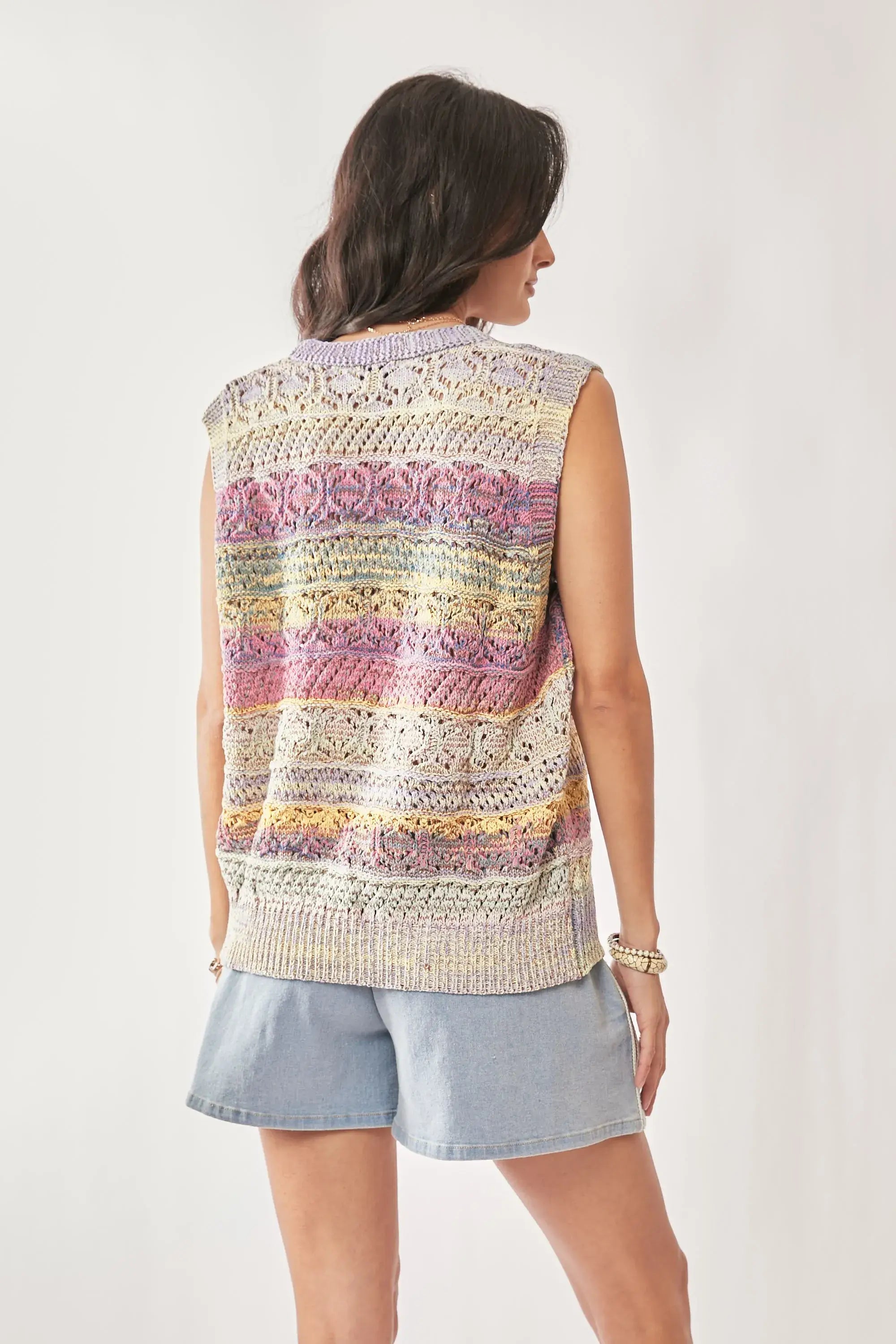 Davi & Dani Multi Color Crochet Sleeveless Knit Vest Top - Trendsi - Flyclothing LLC