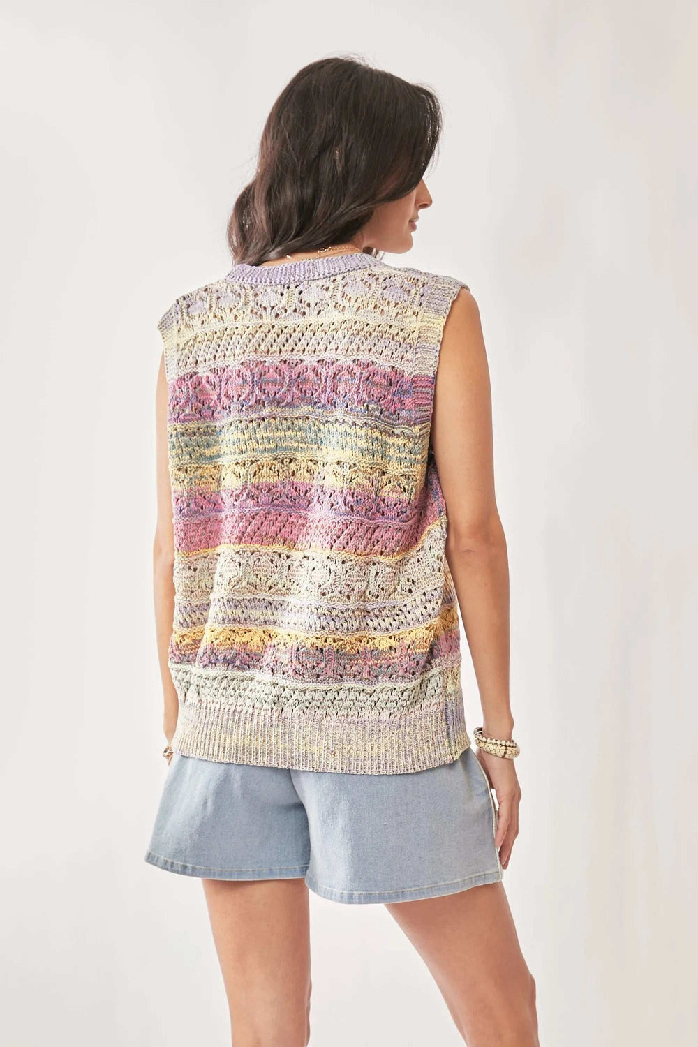 Davi & Dani Multi Color Crochet Sleeveless Knit Vest Top - Trendsi - Flyclothing LLC