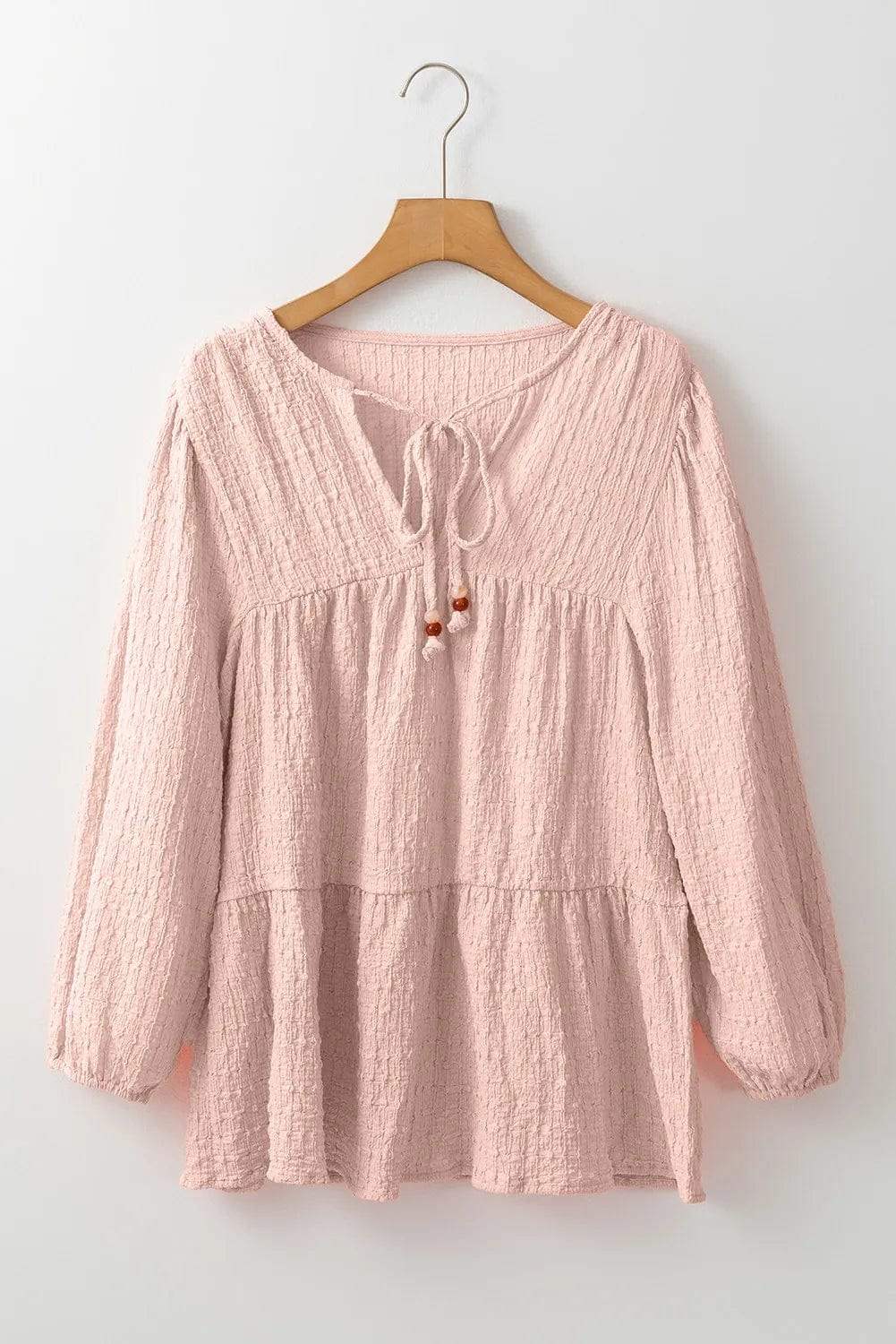 Textured Tie Neck Three-Quarter Sleeve Blouse - Trendsi - Flyclothing LLC