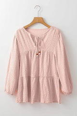 Textured Tie Neck Three-Quarter Sleeve Blouse - Trendsi - Flyclothing LLC