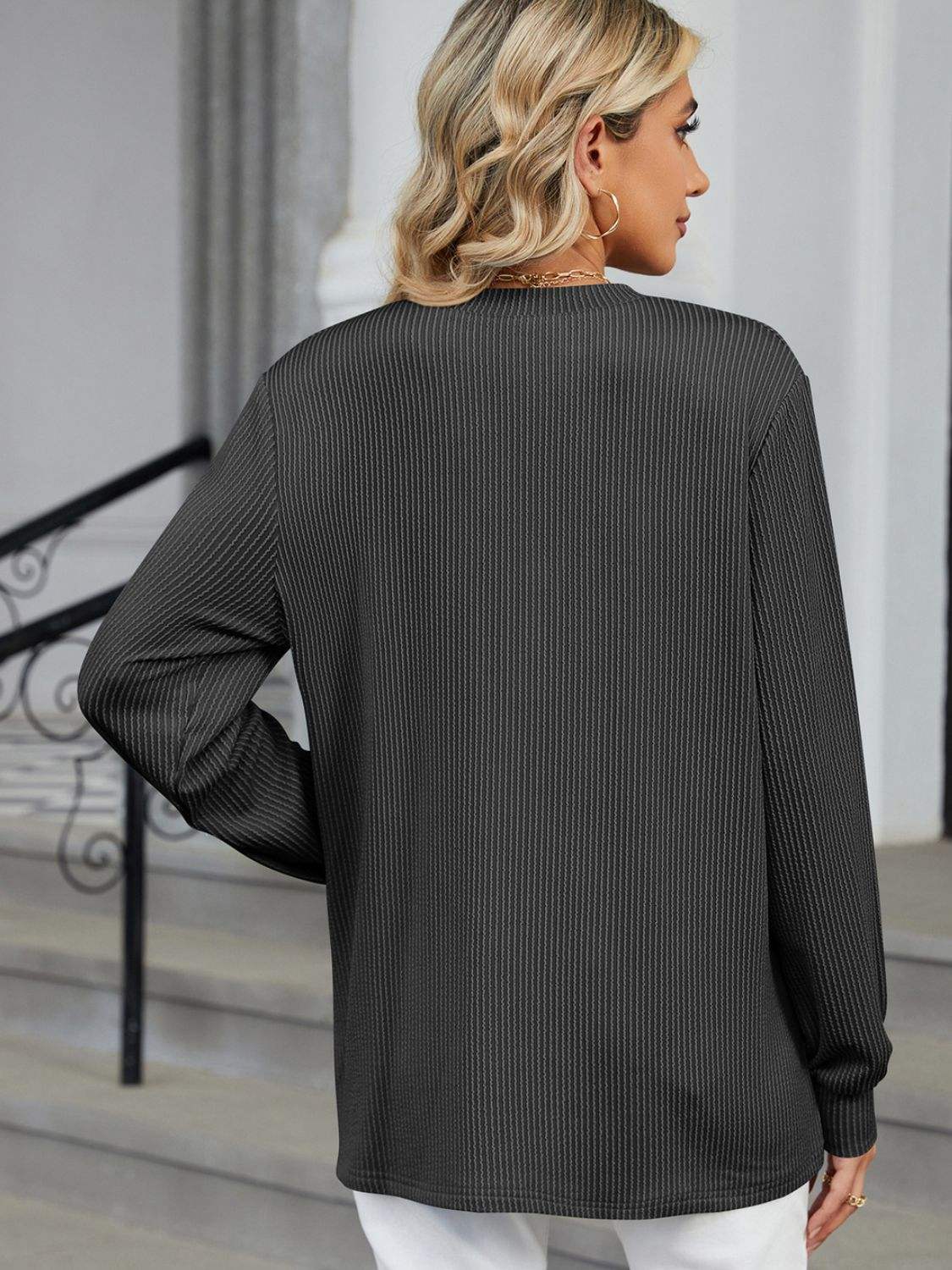 Striped Notched Long Sleeve T-Shirt - Trendsi - Flyclothing LLC