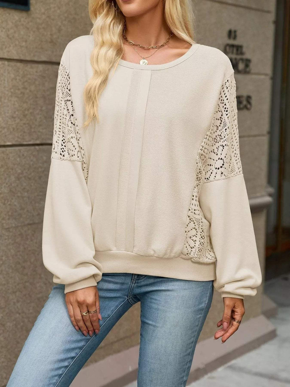 Lace Sleeve Crew Neck Sweatshirt - Trendsi - Flyclothing LLC