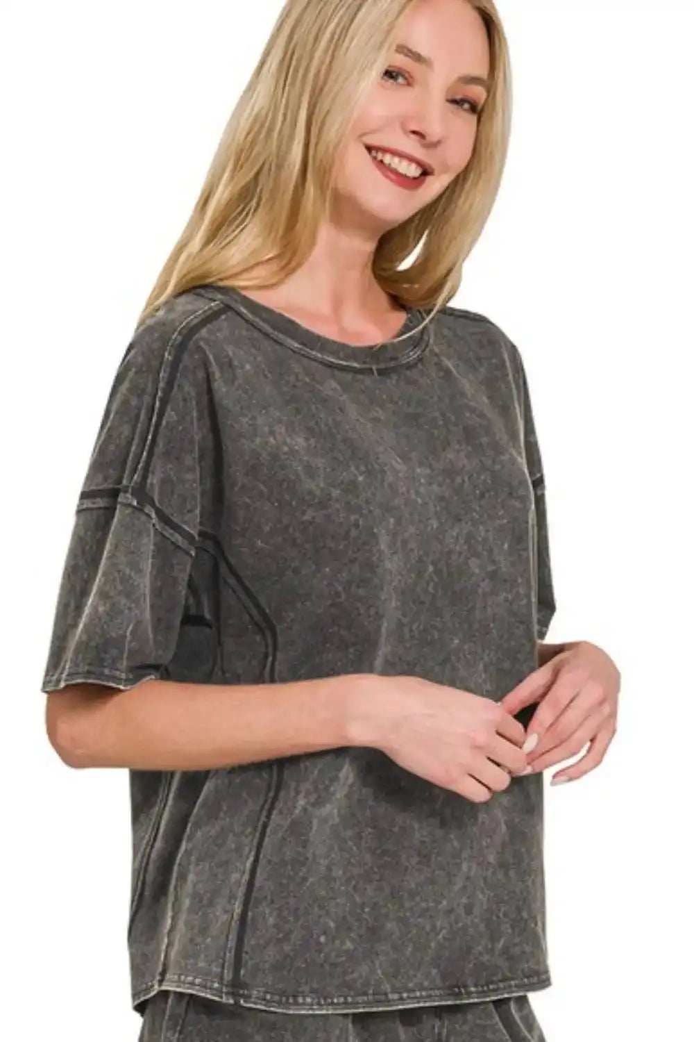 Zenana Acid Washed Short Sleeve Tee & Shorts Set - Trendsi - Flyclothing LLC