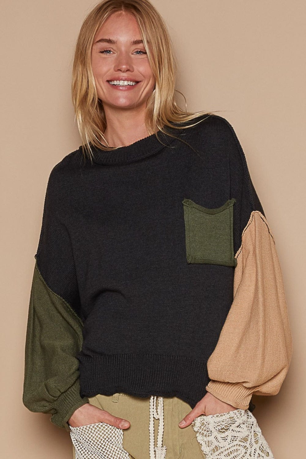 POL Color Block Roll Hem Hacci Sweater - Trendsi