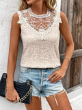 Lace Detail Eyelet Round Neck Tank - Trendsi