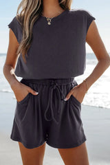 Knit Open Back Cap Sleeve Drawstring Romper - Trendsi - Flyclothing LLC