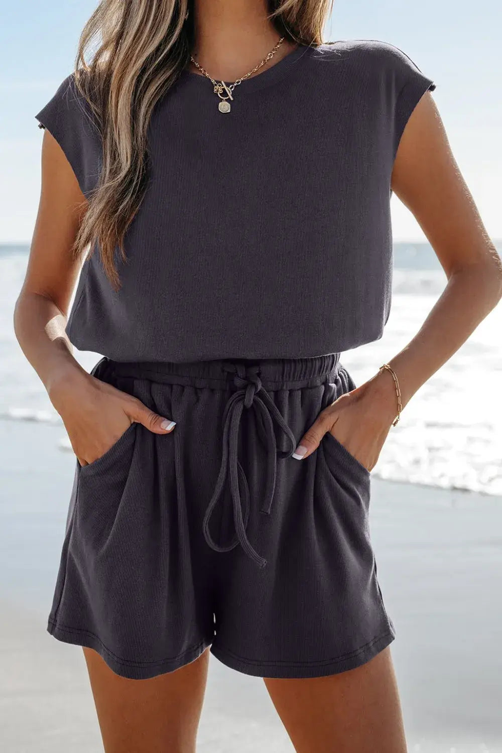 Knit Open Back Cap Sleeve Drawstring Romper - Trendsi - Flyclothing LLC