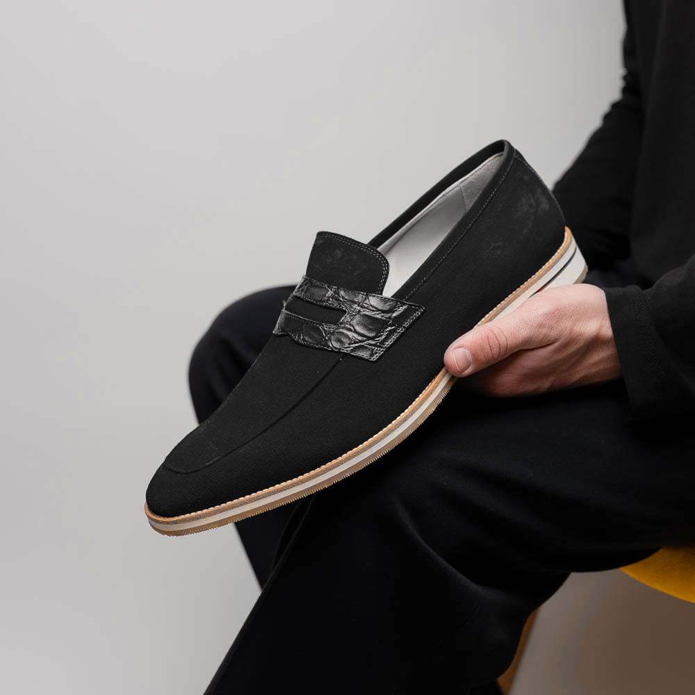 11-020-BLK MEO 3 Sueded Goatskin Penny Loafer, Black - Zelli Italia - Flyclothing LLC