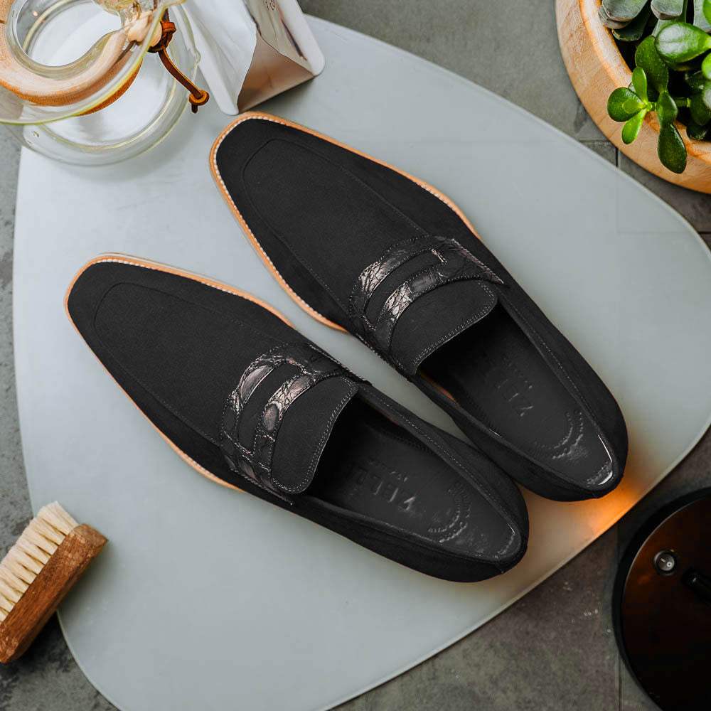 11-020-BLK MEO 3 Sueded Goatskin Penny Loafer, Black - Zelli Italia - Flyclothing LLC