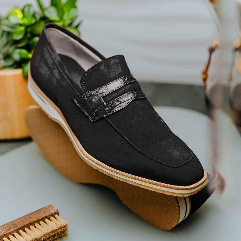 11-020-BLK MEO 3 Sueded Goatskin Penny Loafer, Black - Zelli Italia - Flyclothing LLC