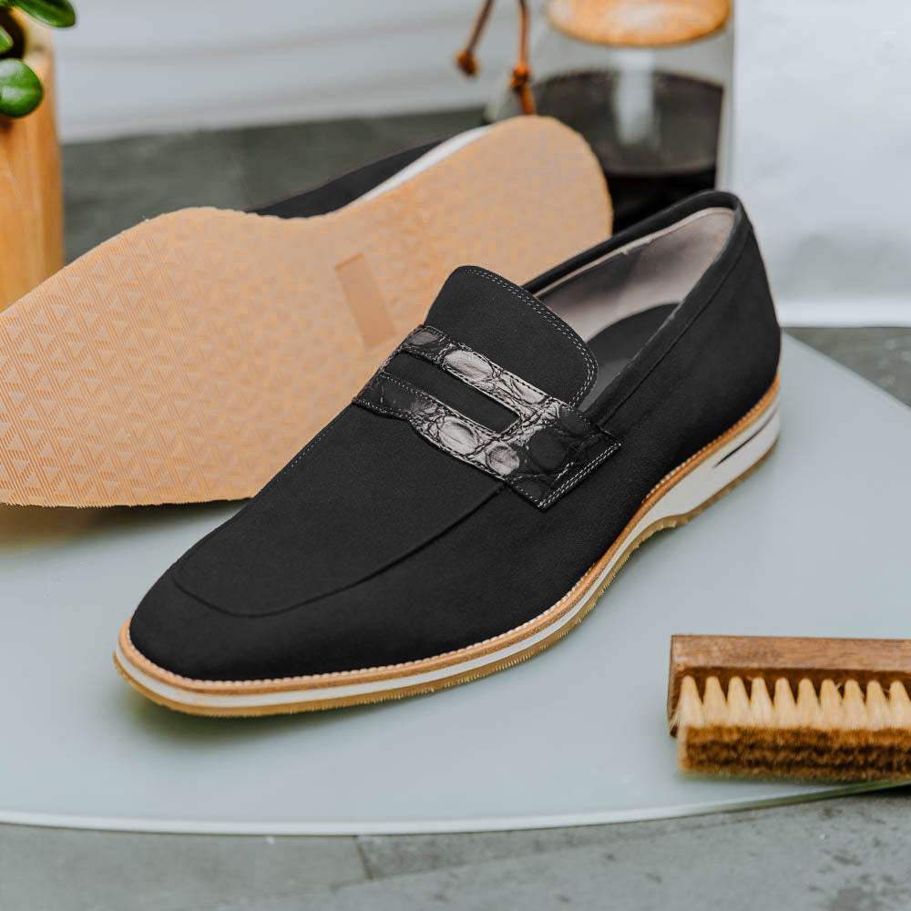 11-020-BLK MEO 3 Sueded Goatskin Penny Loafer, Black - Zelli Italia - Flyclothing LLC