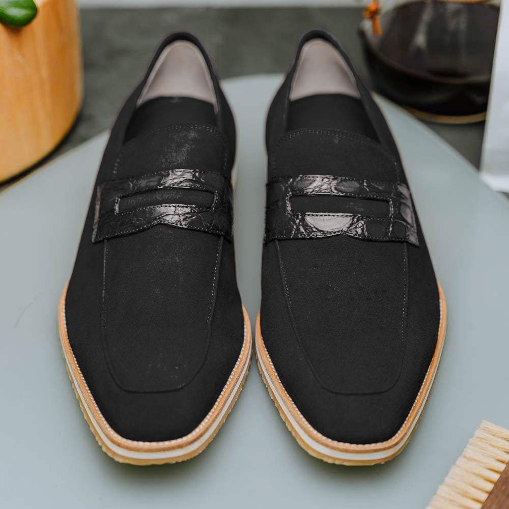 11-020-BLK MEO 3 Sueded Goatskin Penny Loafer, Black - Zelli Italia - Flyclothing LLC