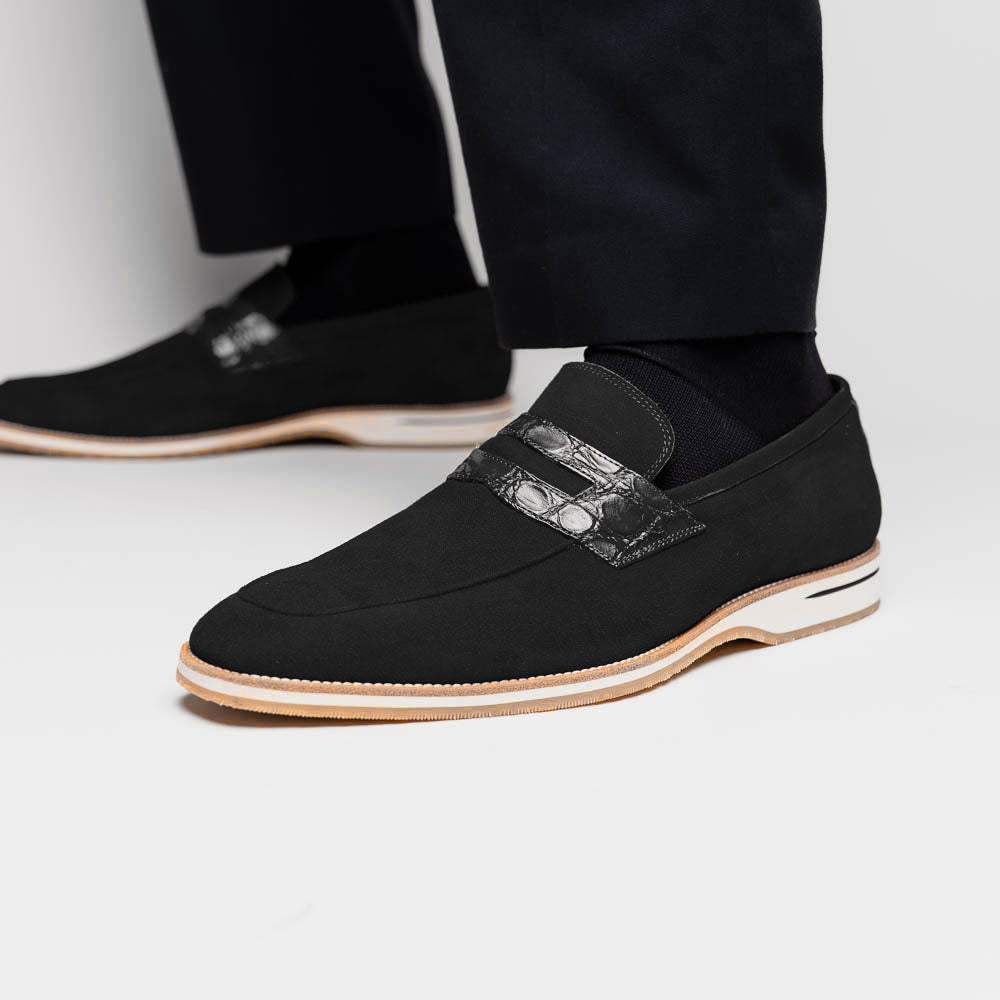 11-020-BLK MEO 3 Sueded Goatskin Penny Loafer, Black - Zelli Italia - Flyclothing LLC