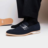 11-020-NVY MEO 3 Sueded Goatskin Penny Loafer, Navy - Zelli Italia - Flyclothing LLC