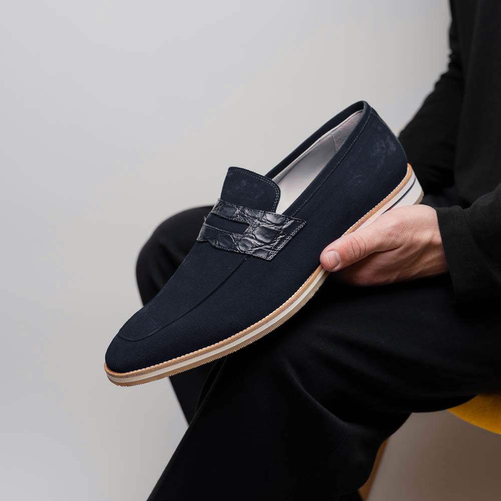11-020-NVY MEO 3 Sueded Goatskin Penny Loafer, Navy - Zelli Italia - Flyclothing LLC