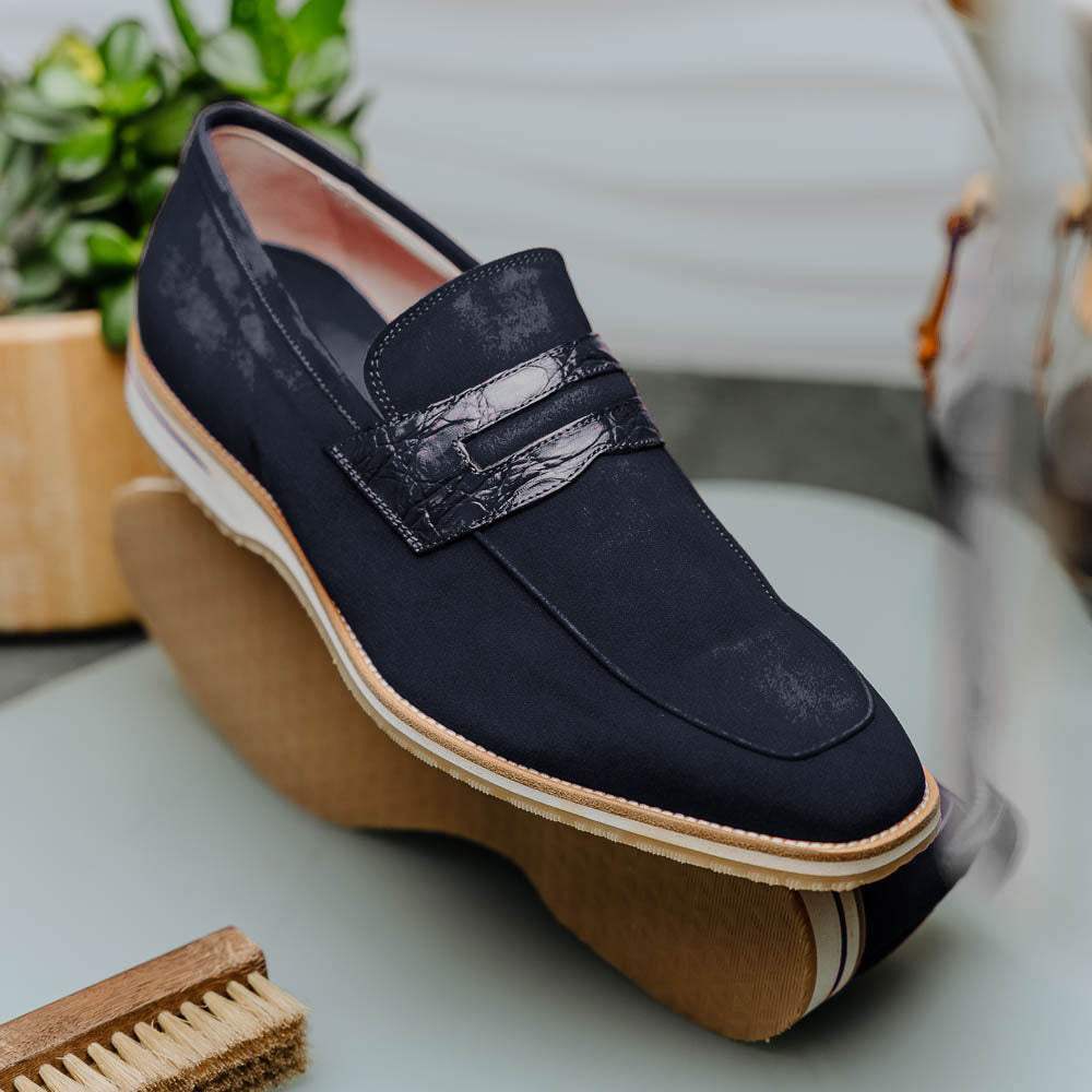 11-020-NVY MEO 3 Sueded Goatskin Penny Loafer, Navy - Zelli Italia - Flyclothing LLC
