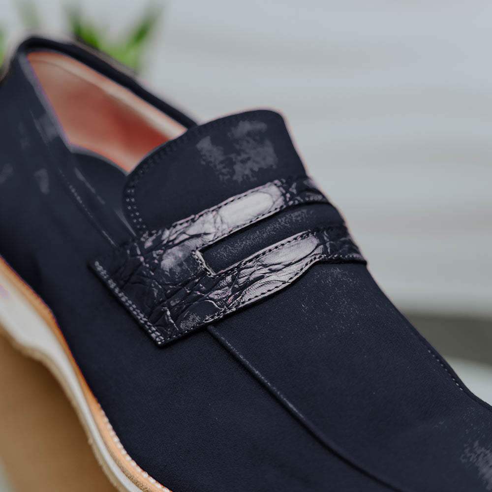 11-020-NVY MEO 3 Sueded Goatskin Penny Loafer, Navy - Zelli Italia - Flyclothing LLC