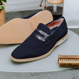 11-020-NVY MEO 3 Sueded Goatskin Penny Loafer, Navy - Zelli Italia - Flyclothing LLC