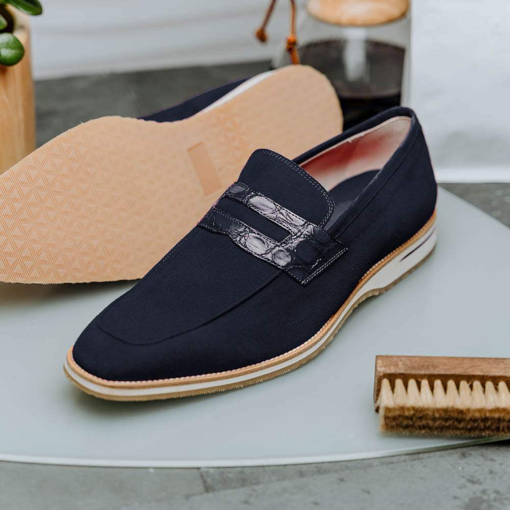 11-020-NVY MEO 3 Sueded Goatskin Penny Loafer, Navy - Zelli Italia - Flyclothing LLC