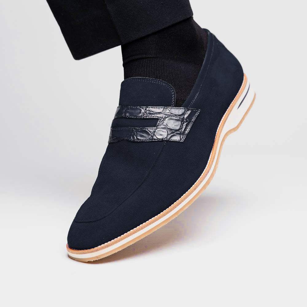11-020-NVY MEO 3 Sueded Goatskin Penny Loafer, Navy - Zelli Italia - Flyclothing LLC
