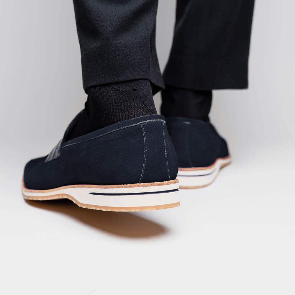 11-020-NVY MEO 3 Sueded Goatskin Penny Loafer, Navy - Zelli Italia - Flyclothing LLC