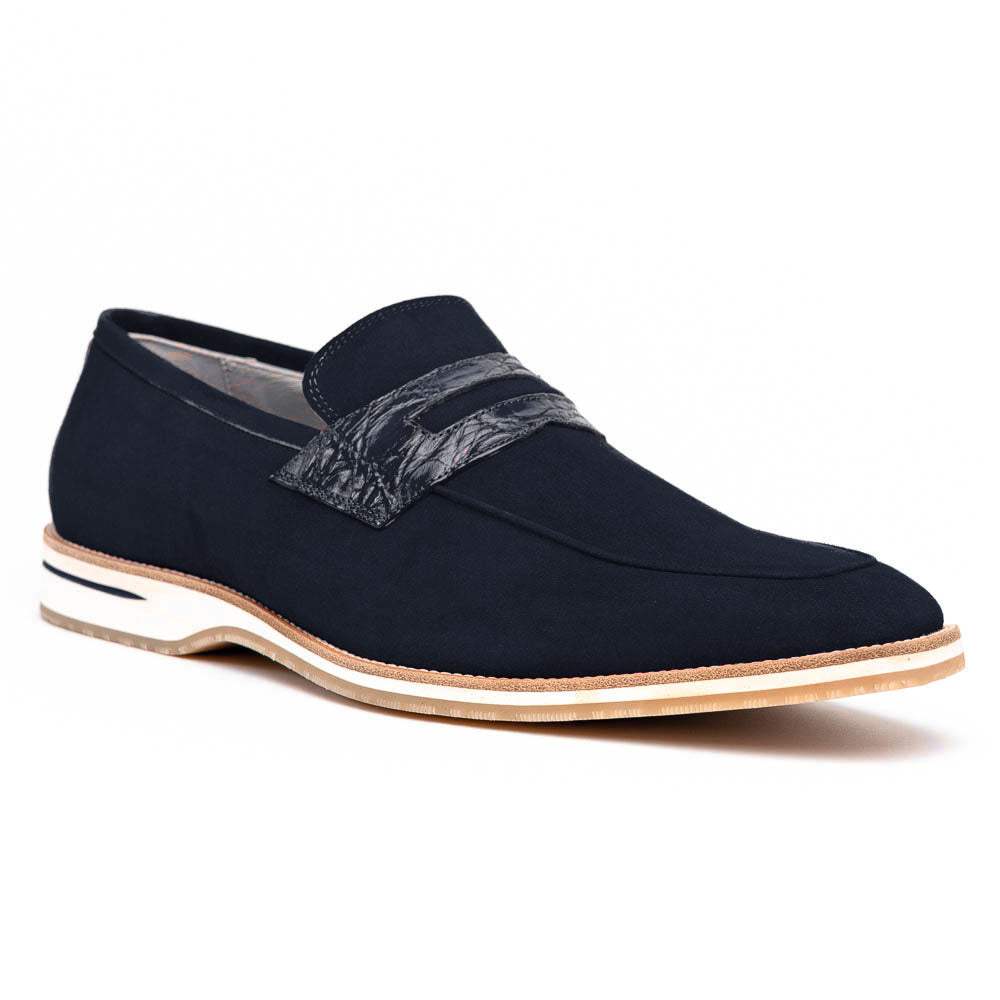 11-020-NVY MEO 3 Sueded Goatskin Penny Loafer, Navy - Zelli Italia - Flyclothing LLC