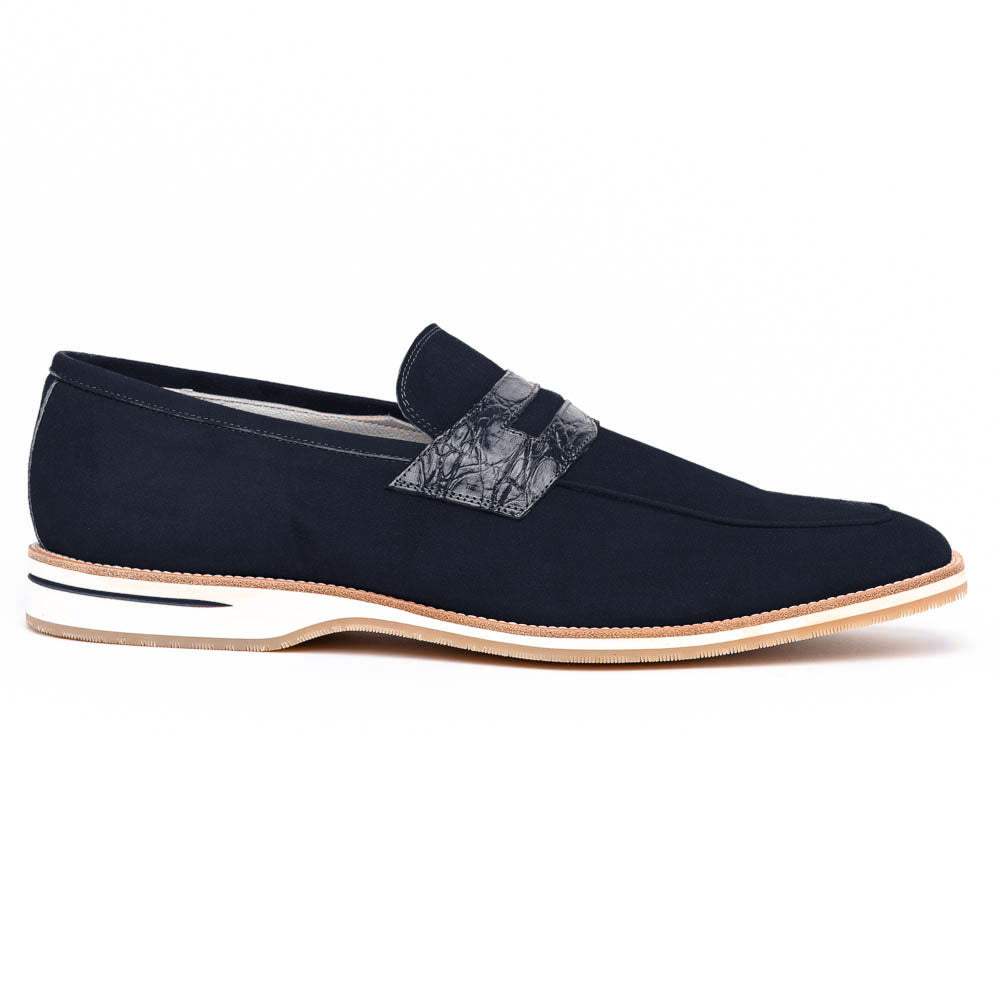 11-020-NVY MEO 3 Sueded Goatskin Penny Loafer, Navy - Zelli Italia - Flyclothing LLC