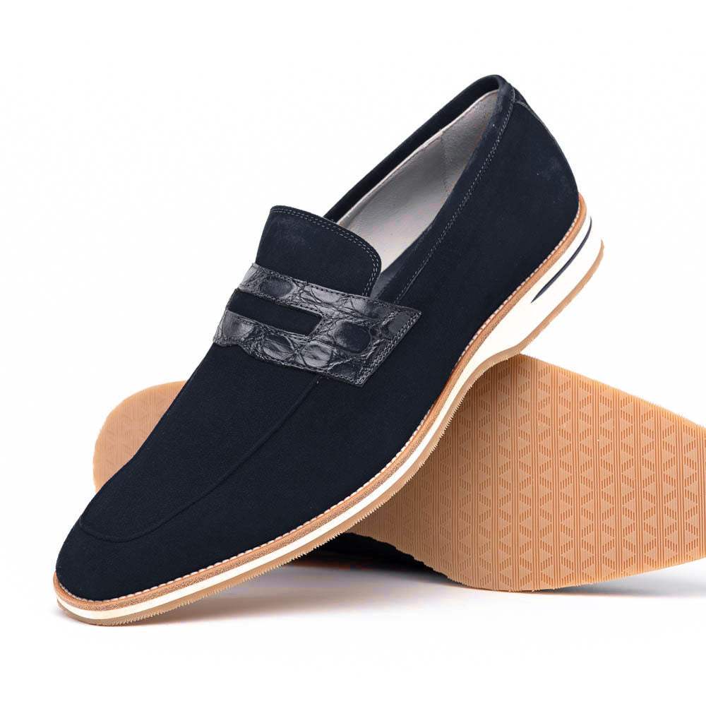 11-020-NVY MEO 3 Sueded Goatskin Penny Loafer, Navy - Zelli Italia - Flyclothing LLC