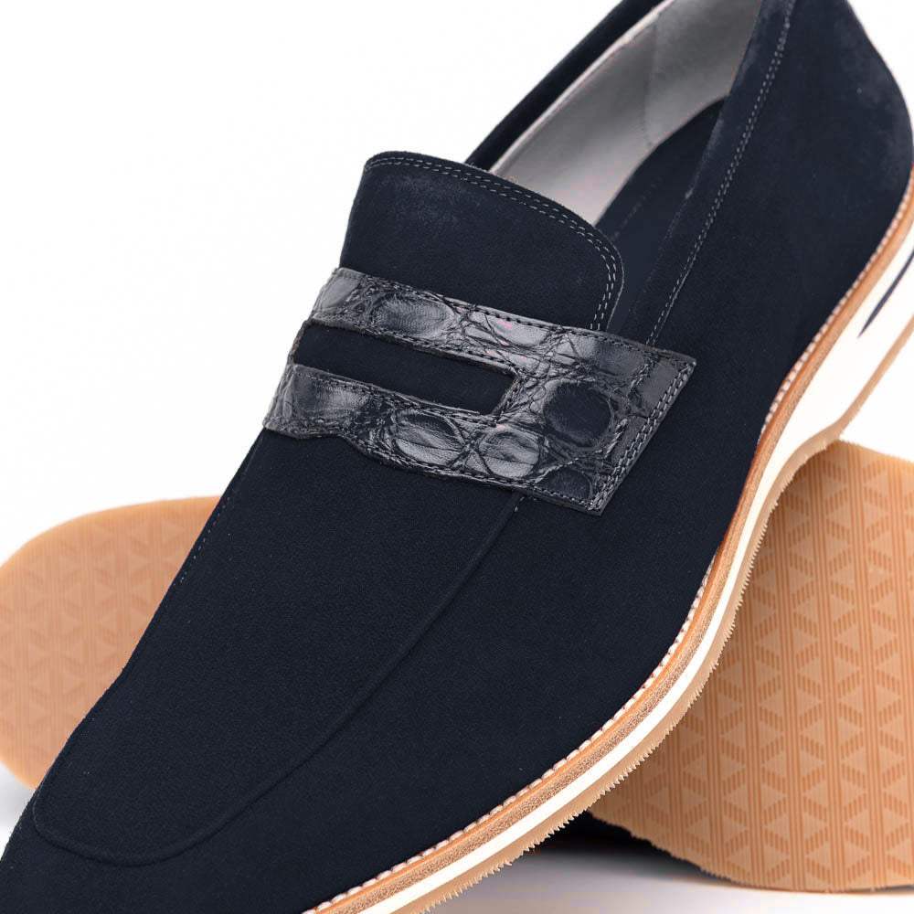 11-020-NVY MEO 3 Sueded Goatskin Penny Loafer, Navy - Zelli Italia - Flyclothing LLC